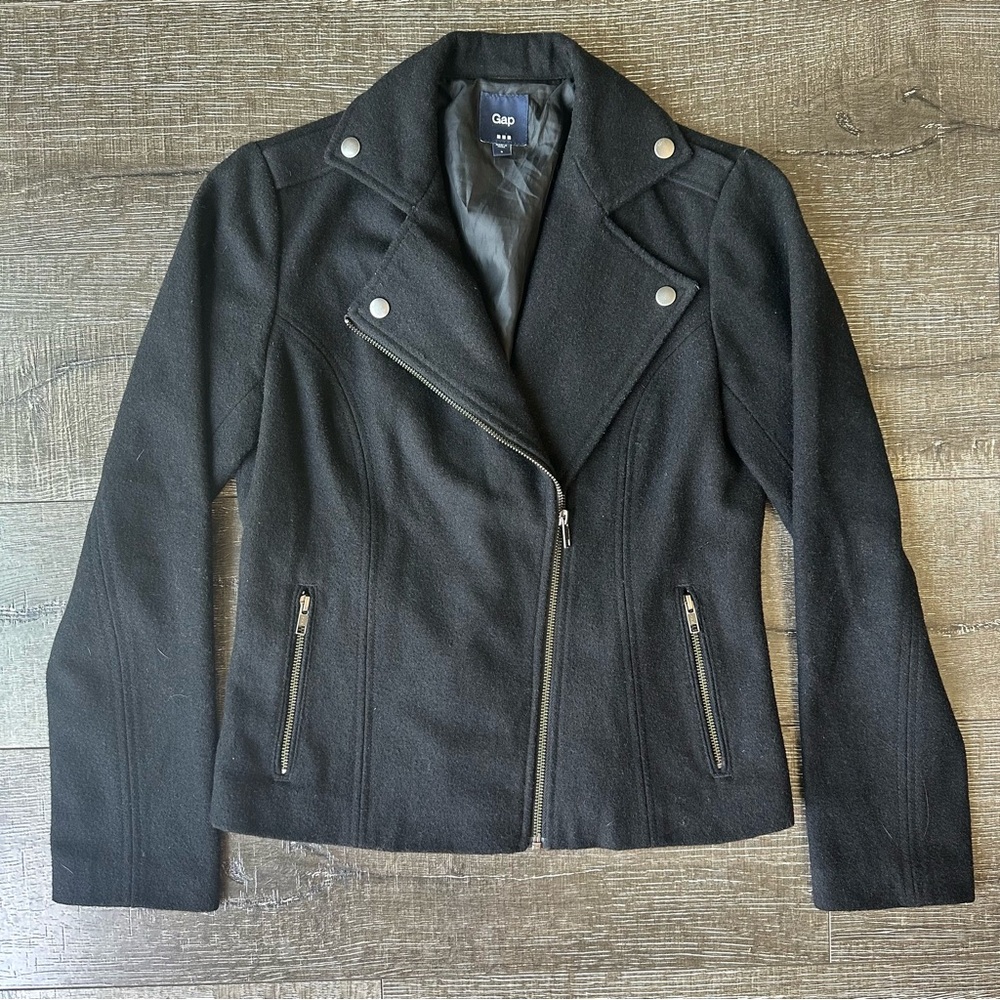 GAP Black wool blend Moto Jacket with Asymmetrical Zipper